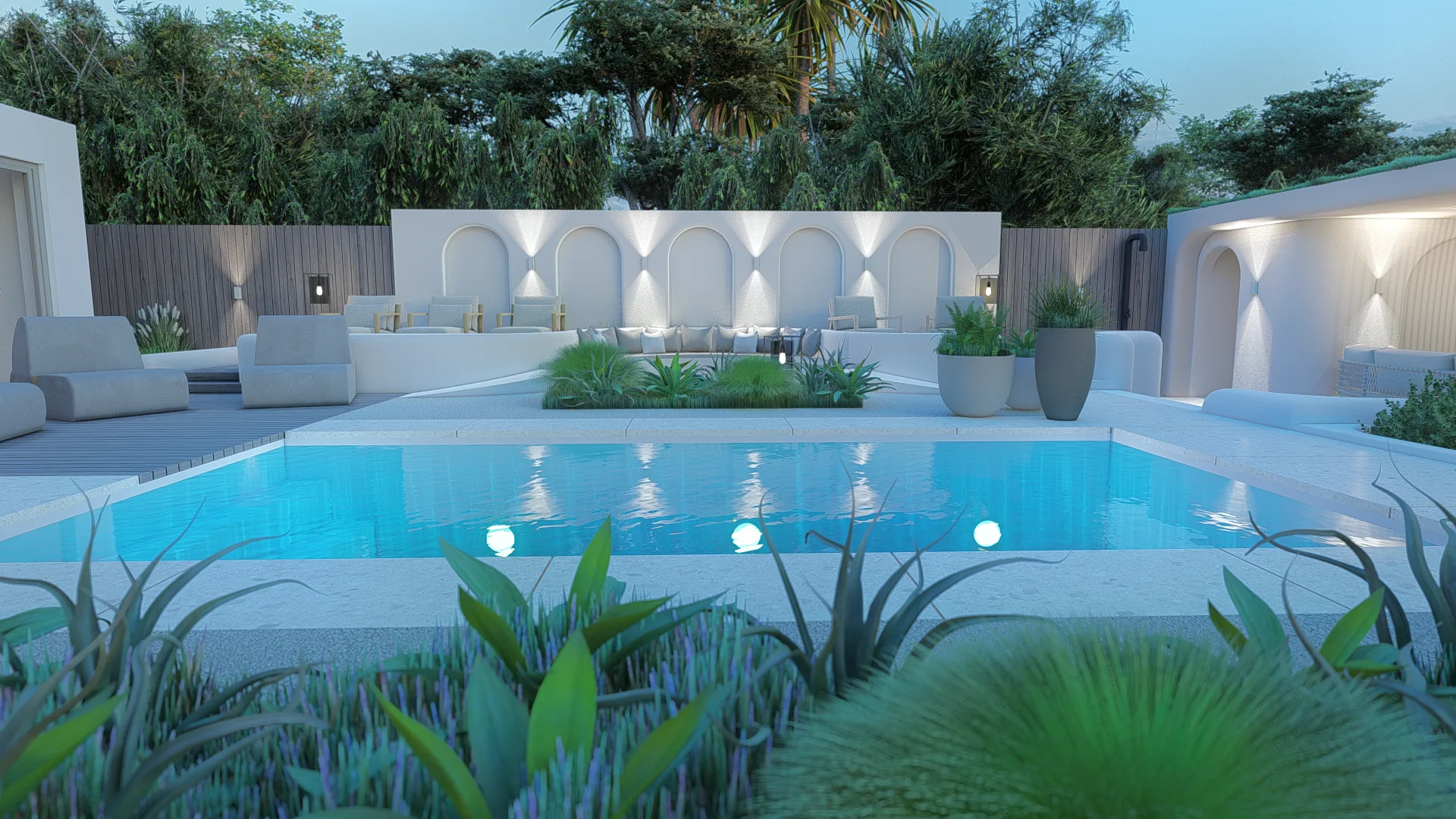 Exclusieve villatuin met loungeterras en sfeerverlichting in Loosdrecht